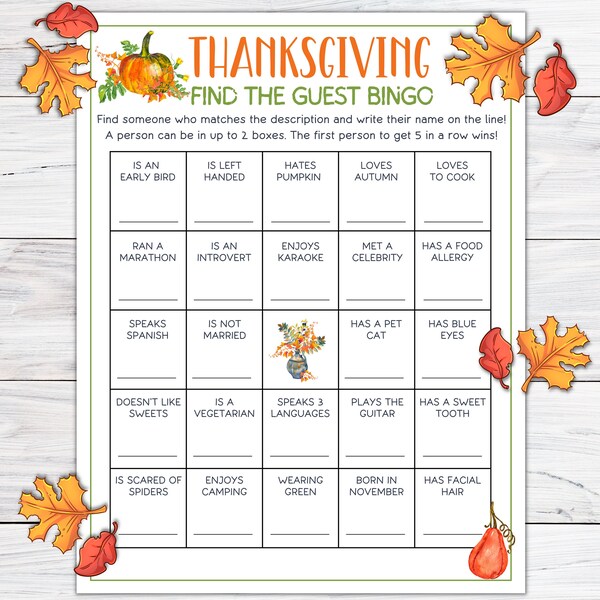 Thanksgiving Find The Guest Bingo, Thanksgiving Games Printable, Thanksgiving Games For Adults, Thanksgiving Games For Family, Holiday Games