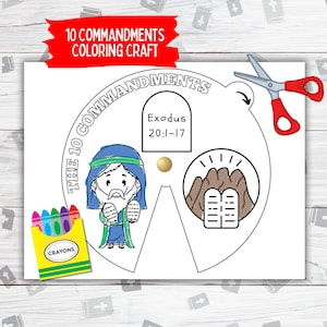 10 Commandments Coloring Wheel, 10 Commandments Printable Coloring Page for Kids, Kids Bible Kawaii Coloring Page, Sunday School Bible Craft