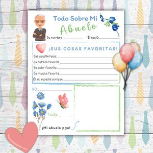 Todo Sobre Mi Abuelo, Abuelo Gift, Spanish All About My Grandpa, Fathers Day Gift for Grandpa Printable Activity Sheet, Grandparent Day Gift