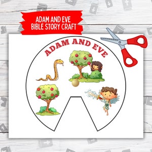 May include: A printable craft activity for kids featuring the Bible story of Adam and Eve. The craft includes a circle with images of Adam, Eve, a snake, a tree with apples, and an angel with a sword. The circle is designed to be cut out and assembled into a 3D model.