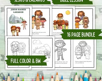 May include: A 16-page coloring book bundle featuring the Bible story of Jesus raising Lazarus from the dead. The illustrations are in black and white and feature cartoon-style characters. The title of the book is "Jesus & Lazarus" and "Bible Lesson".