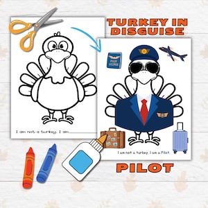 Disguise a Turkey Thanksgiving Printable Crafts for Kids and Toddlers, Pilot Turkey in Disguise, Turkey Paper Doll Clothes Printable Crafts
