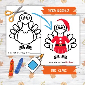 Verkleiden Sie sich ein Truthahn Thanksgiving druckbare Handwerk für Kinder und Kleinkinder, Frau Claus Türkei in Disguise, Türkei Papierpuppe druckbare Bastelkits