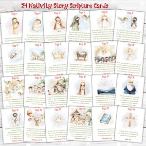 Puede incluir: Un juego de 24 tarjetas de Escritura de la Historia de la Natividad. Cada tarjeta presenta una ilustración en acuarela que representa escenas de la Natividad, con referencias bíblicas correspondientes. Las tarjetas están dispuestas en una cuadrícula.
