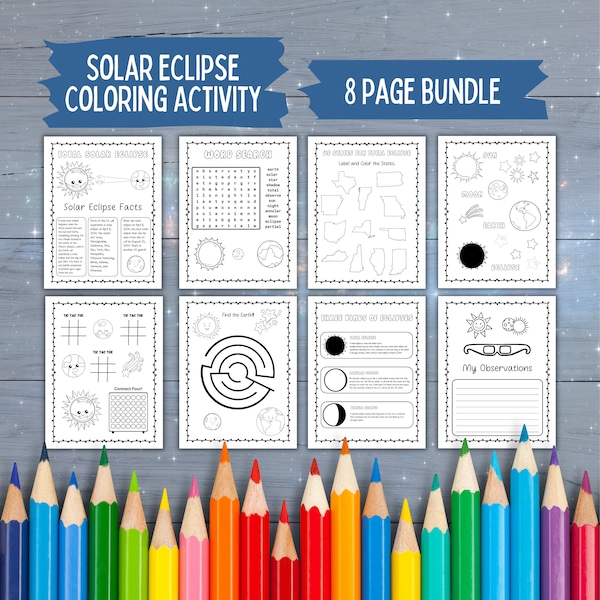 2024 Solar Eclipse Kids Coloring Activity Book Pages, April 8, 2024 Solar Eclipse Kawaii Coloring Pages for Kids Bundle, Kids Coloring Books