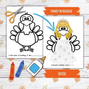 Disguise a Truthahn Thanksgiving Printable Crafts für Kinder und Kleinkinder, Braut Truthahn in Disguise, Truthahn Papier Puppenkleidung Printable Crafts