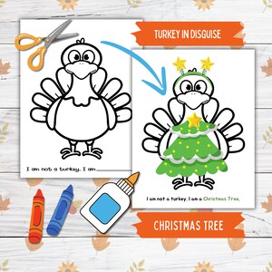 Disguise a Truthahn Thanksgiving druckbare Handwerk für Kinder und Kleinkinder, Weihnachtsbaum Truthahn in Verkleidung, Türkei Papierpuppe druckbare Handwerk
