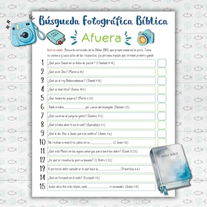 May include: A Spanish-language Bible scavenger hunt game sheet with a blue camera and a Holy Bible illustration. The sheet has numbered questions and blank spaces for answers, with the word "Afuera" at the top.
