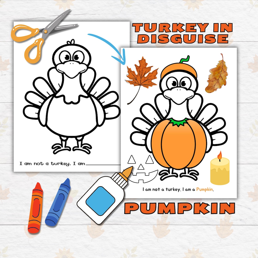 disguise a turkey thanksgiving printable craft for kids and toddlers,  pumpkin turkey in disguise, turkey paper doll printable craft kits
