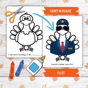 Disguise a Truthahn Thanksgiving Printable Crafts für Kinder und Kleinkinder, Pilot Truthahn in Disguise, Truthahn Papier Puppenkleidung Printable Crafts