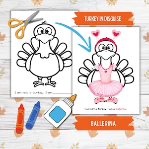 Disguise a Truthahn Thanksgiving druckbare Handwerk für Kinder und Kleinkinder, Ballerina Truthahn in Verkleidung, Truthahn Papierpuppe druckbare Handwerk