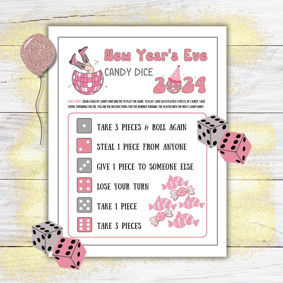 New Years Eve Candy Dice Game Printable, Coastal Cowgirl Pink Disco ...