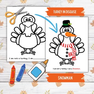 Disguise a Truthahn Thanksgiving druckbare Fertigkeit für Kinder und Kleinkinder, Schneemann Truthahn in Disguise, Truthahn Papierpuppe druckbare Bastelkits
