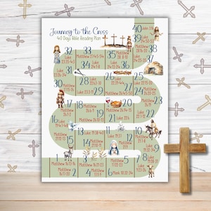 Puede incluir: Un gráfico ilustrado verde y marrón con el tema del camino a la cruz. El gráfico presenta 40 días de lecturas bíblicas con los versículos bíblicos correspondientes para cada día. El gráfico está decorado con ilustraciones de personas, animales y objetos relacionados con la historia bíblica.