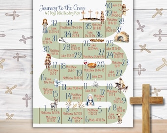 May include: A green and brown illustrated chart with a journey to the cross theme. The chart features 40 days of bible readings with corresponding bible verses for each day. The chart is decorated with illustrations of people, animals, and objects related to the bible story.
