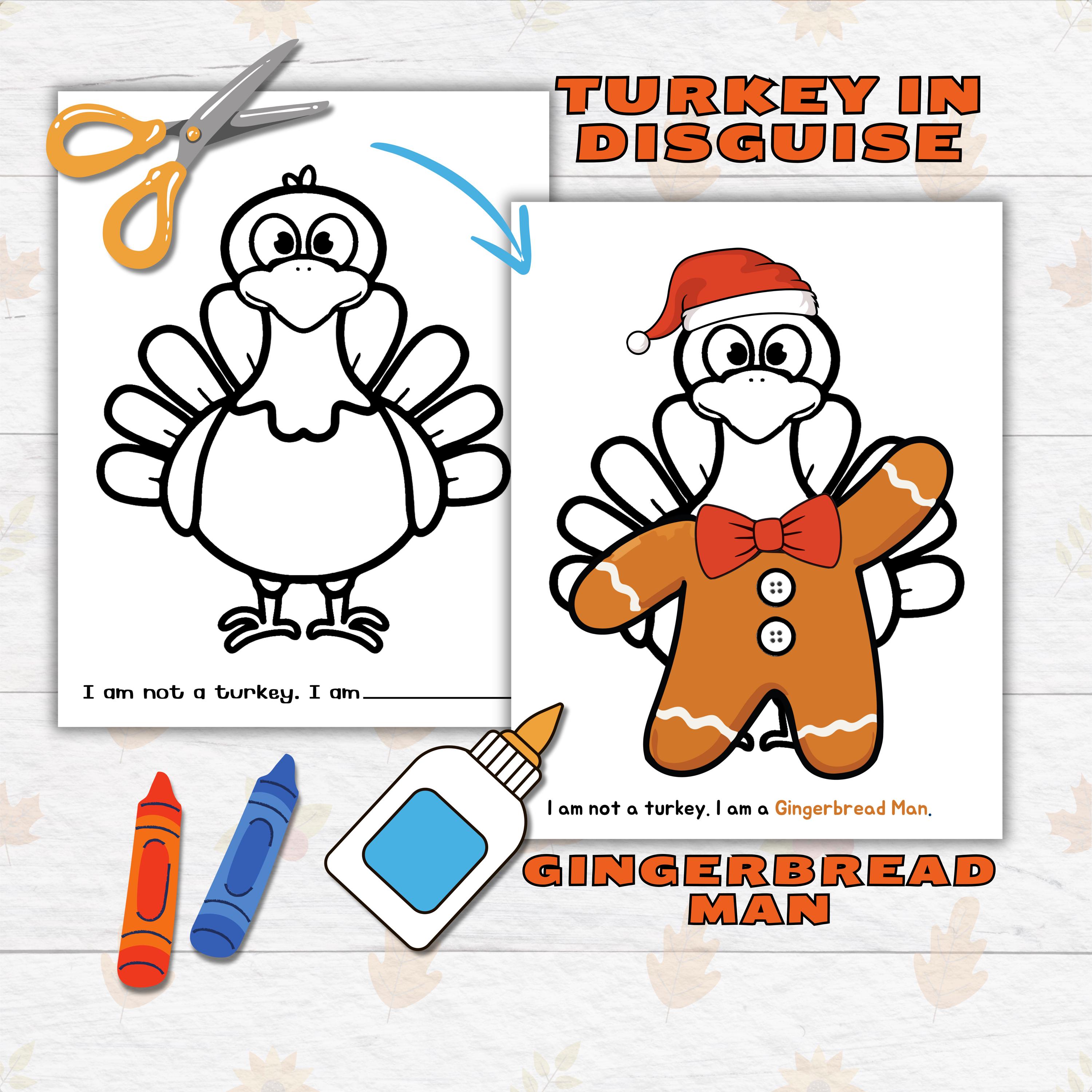 disguise a turkey thanksgiving printable crafts for kids and toddlers,  gingerbread man turkey in disguise, turkey paper doll printable craft