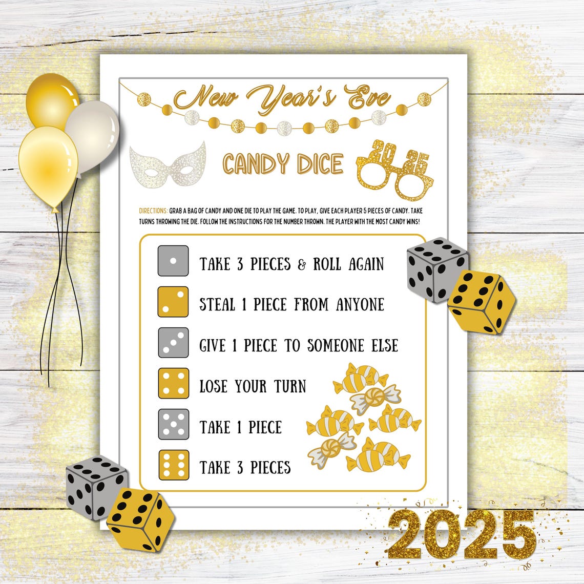 New Years Eve Candy Dice Game Printable, New Year Icebreaker Group Game ...