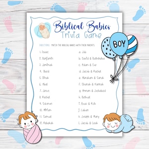 Op de afbeelding: Een printbaar babyshower-spel met een blauwe en witte ballonillustratie van een jongen. Het spel vraagt ​​spelers om bijbelse baby's te matchen met hun ouders. Het spel bevat een lijst van 12 baby's en 12 sets ouders.