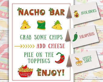 Letrero de nachos y tarjetas de mesa, imprimible, crea tu propio letrero de nachos, fiesta de oficina, cumpleaños de fiesta mexicana, baby shower, tarjeta para mesa de condimentos