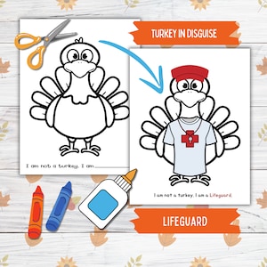 Disguise a Truthahn Thanksgiving Printable Crafts für Kinder und Kleinkinder, Rettungsschwimmer der Türkei in Disguise, Truthahn Papierpuppe Printable Crafts