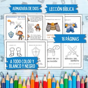 Puede incluir: Un libro para colorear en blanco y negro con ilustraciones de una armadura de caballero, espadas y escudos. El título del libro es "Armadura de Dios" y "Lección Bíblica". El libro tiene 16 páginas y es para colorear.