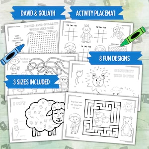 May include: A set of eight printable activity placemats featuring a variety of activities for kids, including a word search, connect the dots, maze, and tic-tac-toe. The placemats are based on the biblical story of David and Goliath.