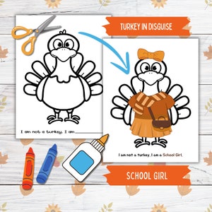 Verkleiden sich ein Truthahn Thanksgiving druckbares Modell für Kinder und Kleinkinder, Schulmädchen der Türkei in Verkleidung, Türkei Papierpuppe druckbare Bastelkits