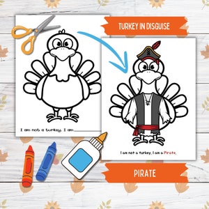 Verkleiden sich ein Truthahn Thanksgiving druckbare Fertigkeit für Kinder und Kleinkinder, Piraten Truthahn in Verkleidung, Truthahn Papierpuppe druckbare Bastelkits