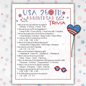 May include: A patriotic trivia game sheet for the USA's 250th anniversary. The design features red, white, and blue stars, stripes, and a heart-shaped balloon. The text reads "USA 250th Anniversary Trivia" with multiple-choice questions.