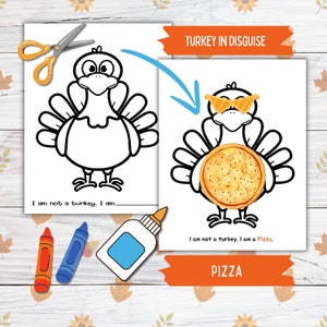 Verkleiden sich ein Truthahn Thanksgiving druckbare Fertigkeit für Kinder und Kleinkinder, Pizza Truthahn in Verkleidung, Truthahn Papierpuppe druckbare Fertigkeit für Kinder