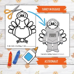Verkleiden sich ein Truthahn Thanksgiving druckbares Modell für Kinder und Kleinkinder, Astronaut Truthahn in Verkleidung, Truthahn Papierpuppe druckbare Bastelkits