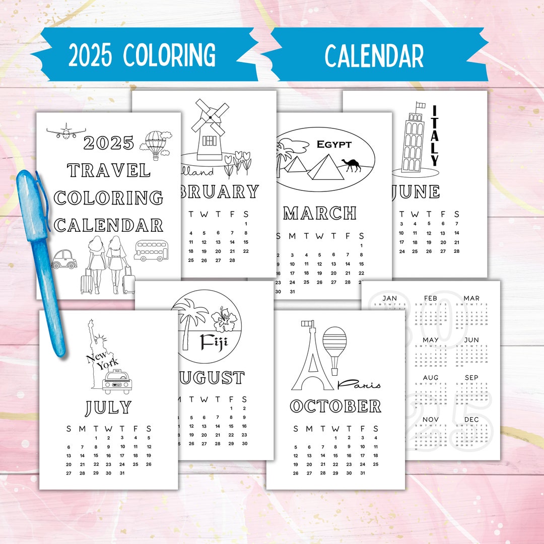 2025 Travel Coloring Calendar, Cute Minimalist Calendar, 2025 Desk ...