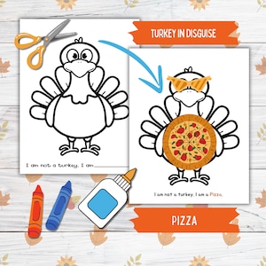 Verkleiden sich ein Truthahn Thanksgiving druckbare Fertigkeit für Kinder und Kleinkinder, Pizza Truthahn in Verkleidung, Truthahn Papierpuppe druckbare Fertigkeit für Kinder