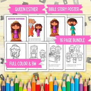 Può includere: Un pacchetto di 16 pagine da colorare con la storia biblica della regina Ester. Le pagine includono illustrazioni a colori e contorni in bianco e nero da colorare. La copertina presenta un'illustrazione colorata della regina Ester su un trono.