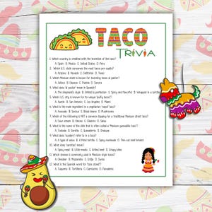 Jogo de perguntas e respostas sobre tacos, jogo de festa para impressão do México, jogo de festa do Cinco de Mayo para crianças, jogo de festa de escritório mexicano, jogo de reunião de família mexicana