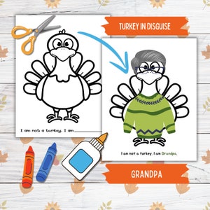Verkleiden sich ein Truthahn Thanksgiving druckbare Handwerk für Kinder und Kleinkinder, Opa Truthahn in Verkleidung, Truthahn Papier Puppenkleidung druckbar