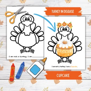 Disguise a Truthahn Thanksgiving druckbare Fertigkeit für Kinder und Kleinkinder, Cupcake Truthahn in Disguise, Truthahn Papierpuppe druckbare Fertigkeit für Kinder