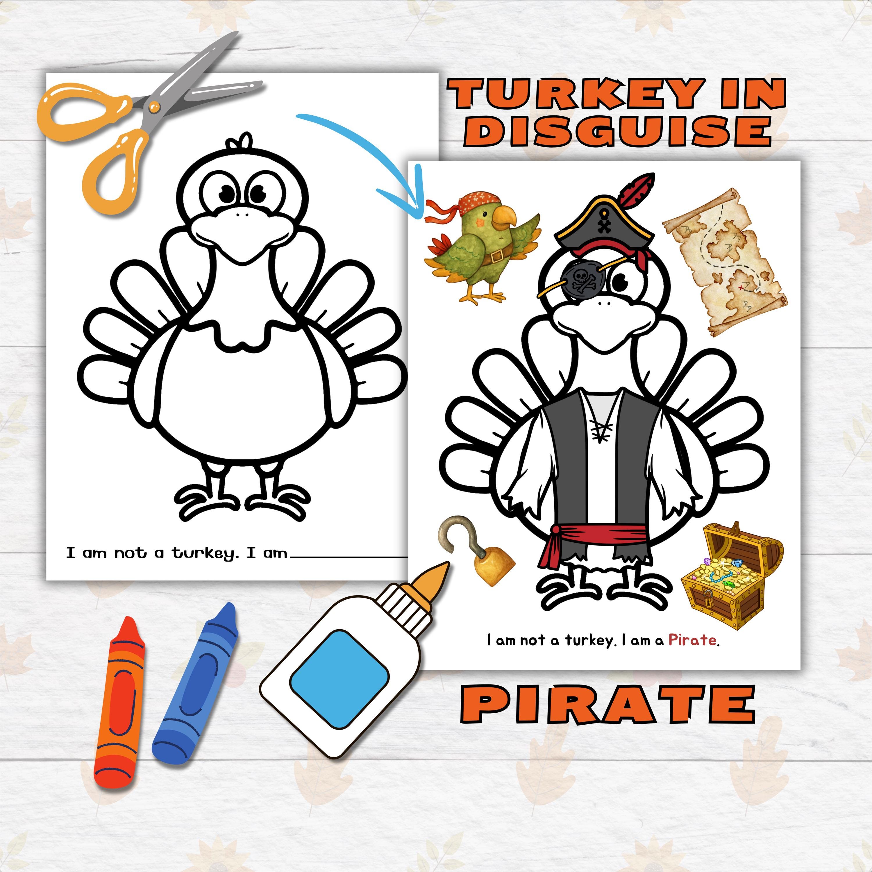 disguise a turkey thanksgiving printable craft for kids and toddlers,  pirate turkey in disguise, turkey paper doll printable craft kits