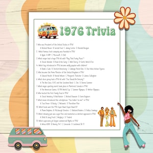 Puede incluir: Una hoja de juego de trivia de temática retro titulada "1976 Trivia" con una ilustración de furgoneta colorida. La hoja incluye preguntas sobre el año 1976, como el presidente, la música popular y los eventos importantes. Un artículo nostálgico.