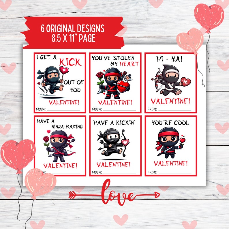 Cute Simple Ninja Valentine Printable Cards for Kids, Punny Tween ...