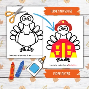 Disguise a Truthahn Thanksgiving druckbare Fertigkeit für Kinder und Kleinkinder, Feuerwehrmann Türkei in Verkleidung, Truthahn Papierpuppe druckbare Fertigkeit