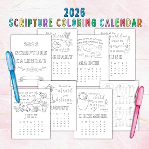 Calendario bíblico para colorear 2026, Calendario con versículos bíblicos, Calendario cristiano mensual 2026, Páginas para colorear imprimibles en blanco y negro