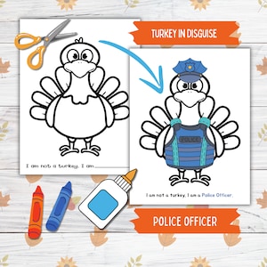 Disguise a Truthahn Thanksgiving druckbare Fertigkeit für Kinder und Kleinkinder, Polizist Türkei in Verkleidung, Türkei Papierpuppe druckbare Fertigkeit