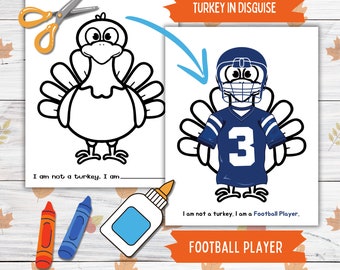 Disguise a Turkey Thanksgiving Printable Crafts for Kids and Toddlers, Football Player Turkey in Disguise, Turkey Paper Doll Printable Craft