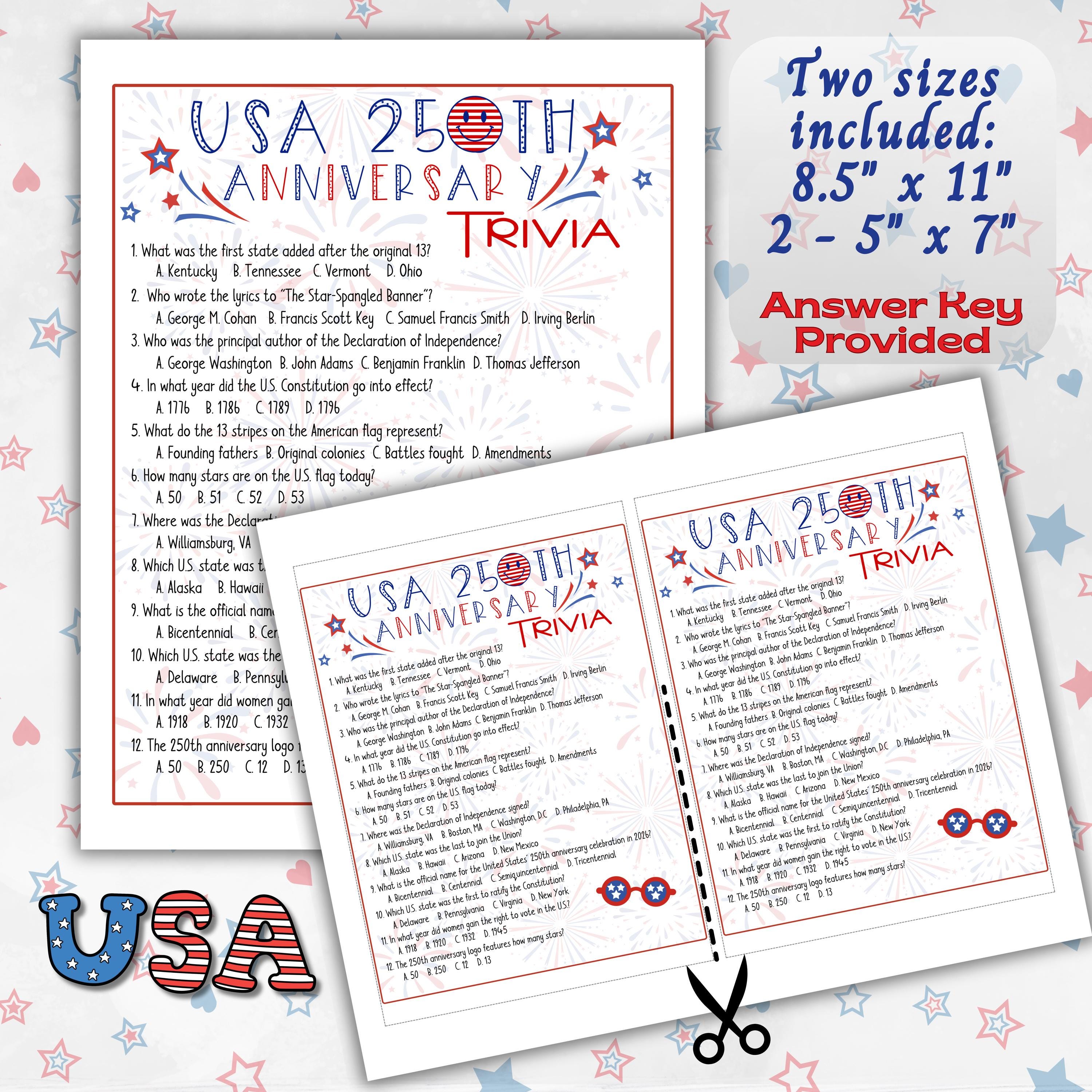 USA 250th Anniversary Trivia Game, Printable America 250th Games for ...
