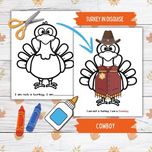 Disguise a Truthahn Thanksgiving druckbare Handwerk für Kinder und Kleinkinder, Cowboy Türkei in Verkleidung, Türkei Papierpuppe druckbare Handwerk für Kinder