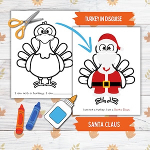 Verkleiden Sie sich ein Truthahn Thanksgiving druckbares Modell für Kinder und Kleinkinder, Weihnachtsmann Türkei in Verkleidung, Türkei Papierpuppe druckbare Bastelkit