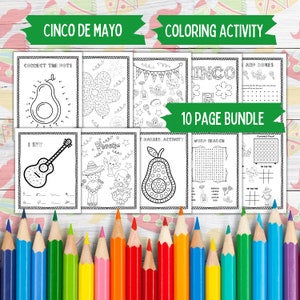 May include: A set of 10 black and white printable coloring pages with a Cinco de Mayo theme. The pages include a connect the dots activity, a maze, a word search, a tic-tac-toe game, and more. The pages are designed for children to color and enjoy.