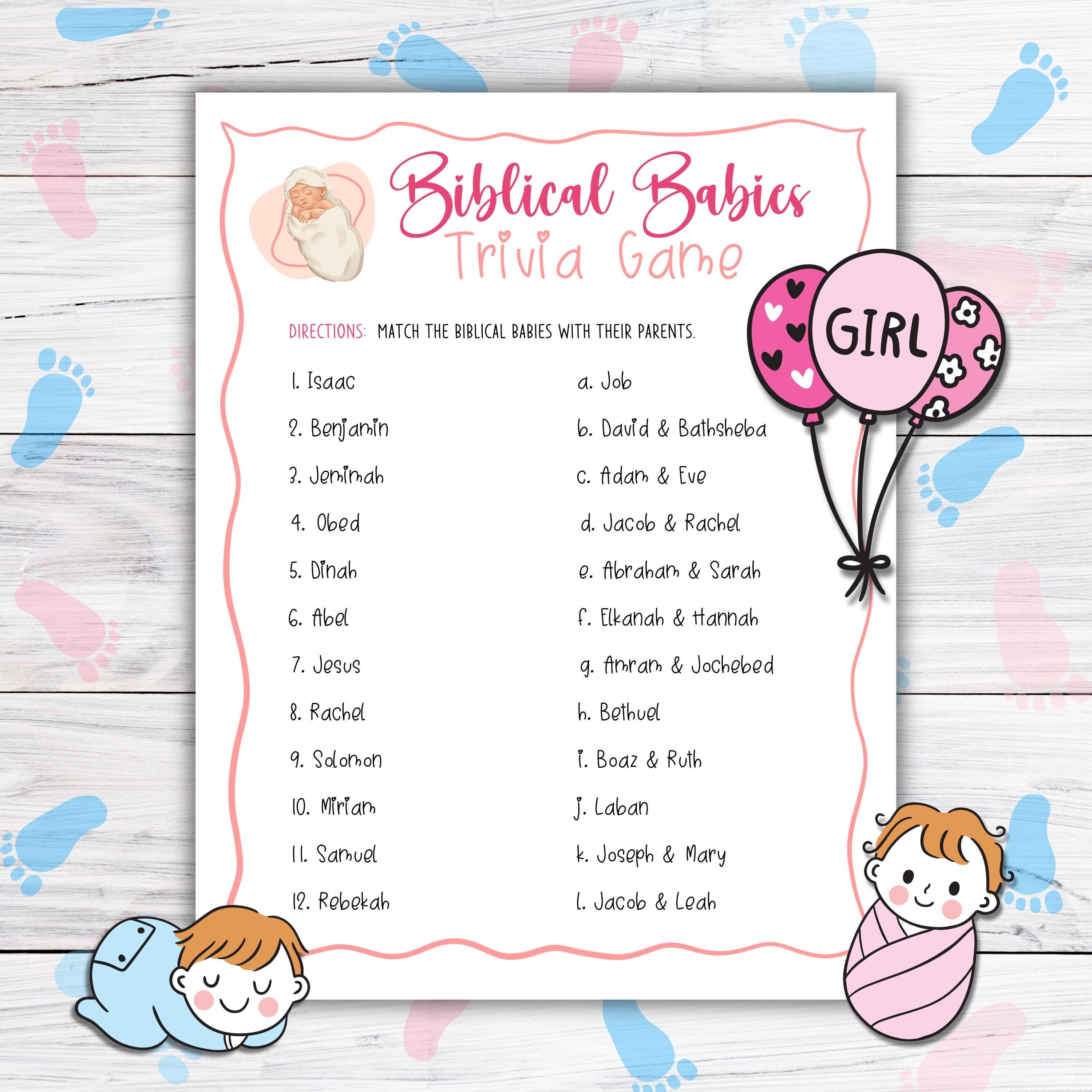 Biblical Babies Bible Trivia Game Printable, Fun Baby Shower Games, Baby Girl Shower Activities, Baby Shower Church Games, Baby Trivia Games