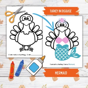 Verkleiden sich ein Truthahn Thanksgiving druckbare Fertigkeit für Kinder und Kleinkinder, Meerjungfrau Türkei in Verkleidung, Türkei Papierpuppe druckbare Bastelkit